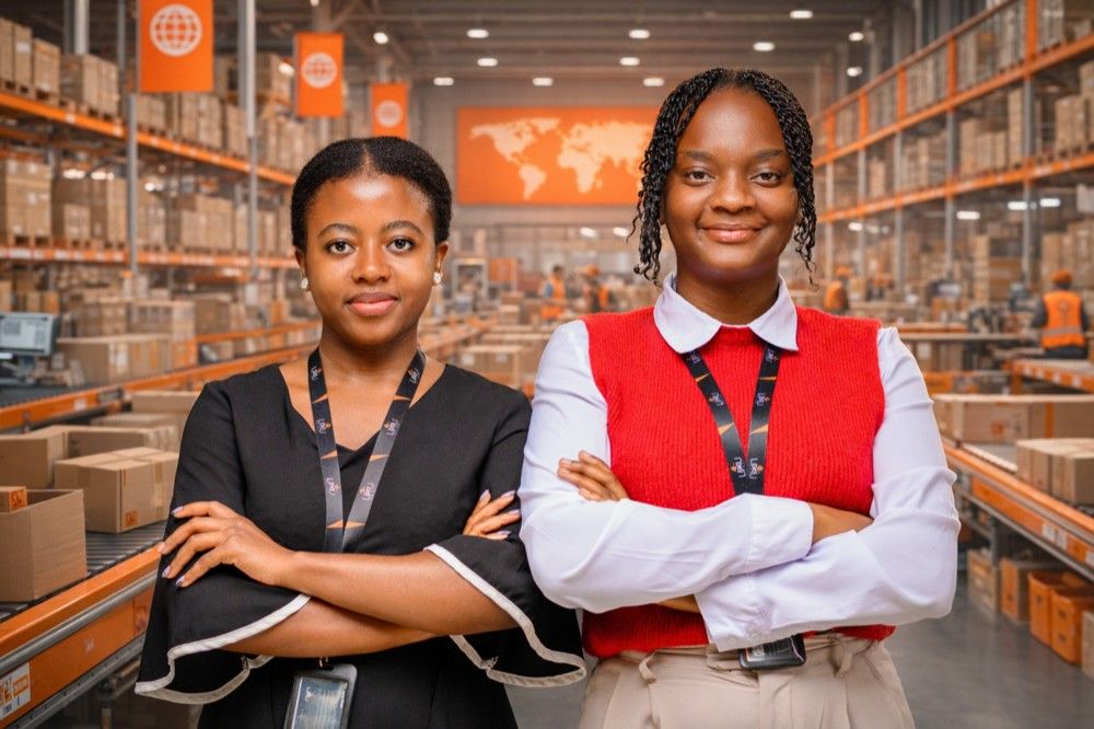 Two LIMU team members in a warehouse stocked with boxed goods